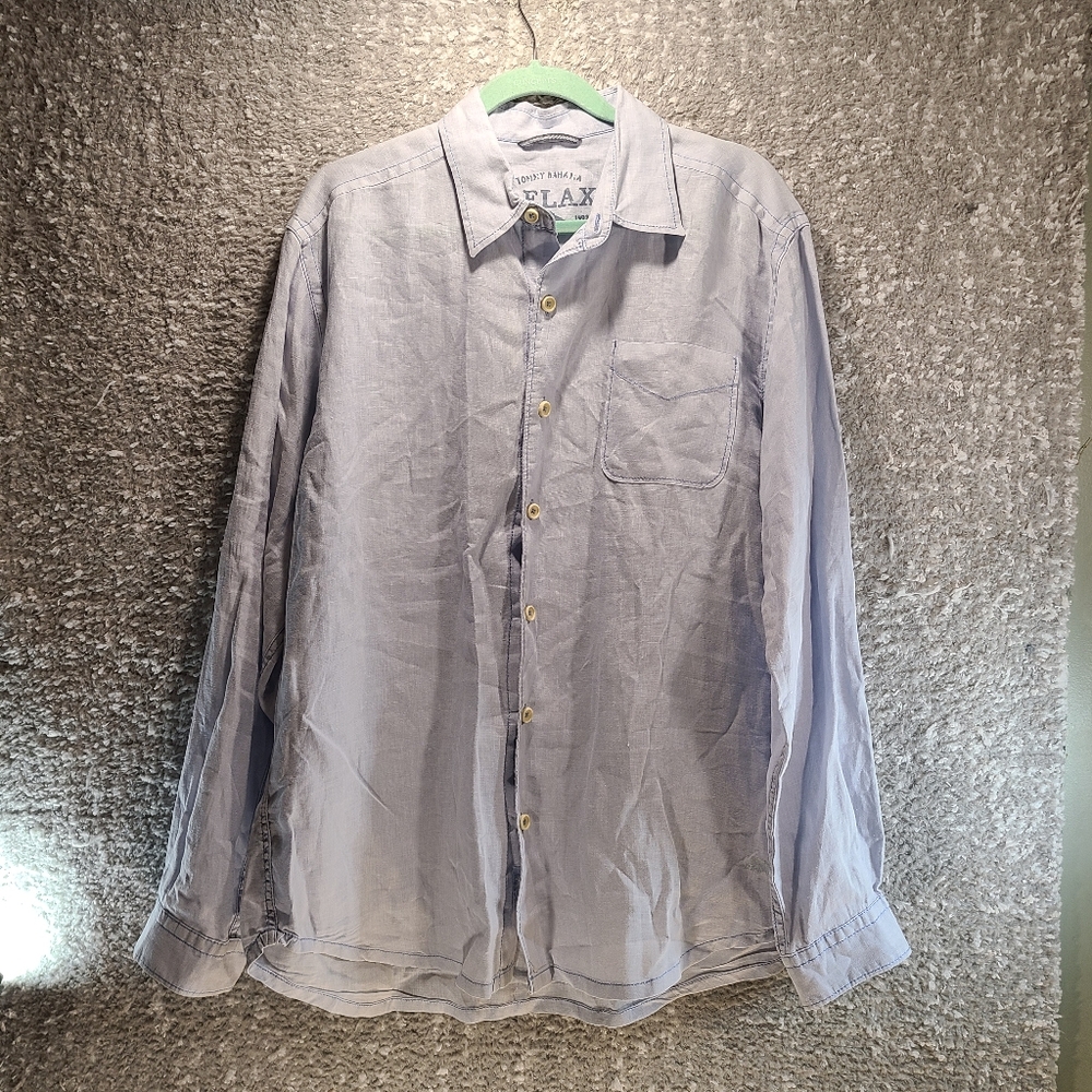 Tommy Bahama Relax Shirt Men Large Button Up Blue 100% Linen Long Sleeve